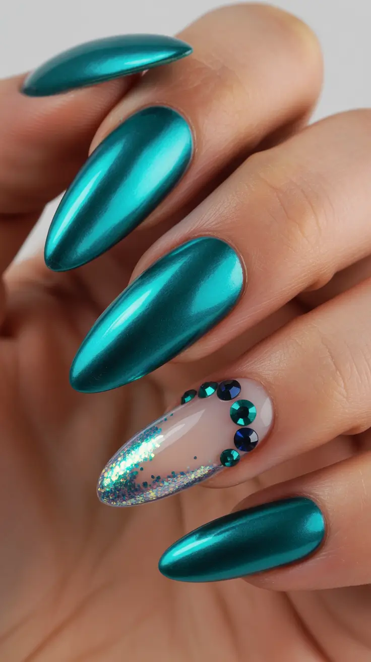 Birthday Nail Designs 2026 Teal Chrome Rhinestones
