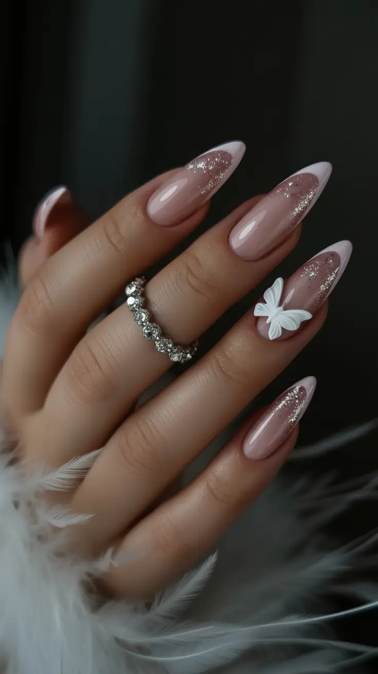 Birthday Nail Designs 2026 Blush Glitter Butterfly