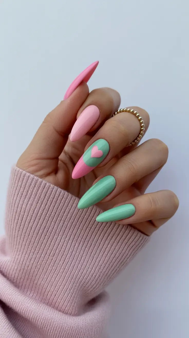 birthday nails 2026 Pink and Mint Almond Nails