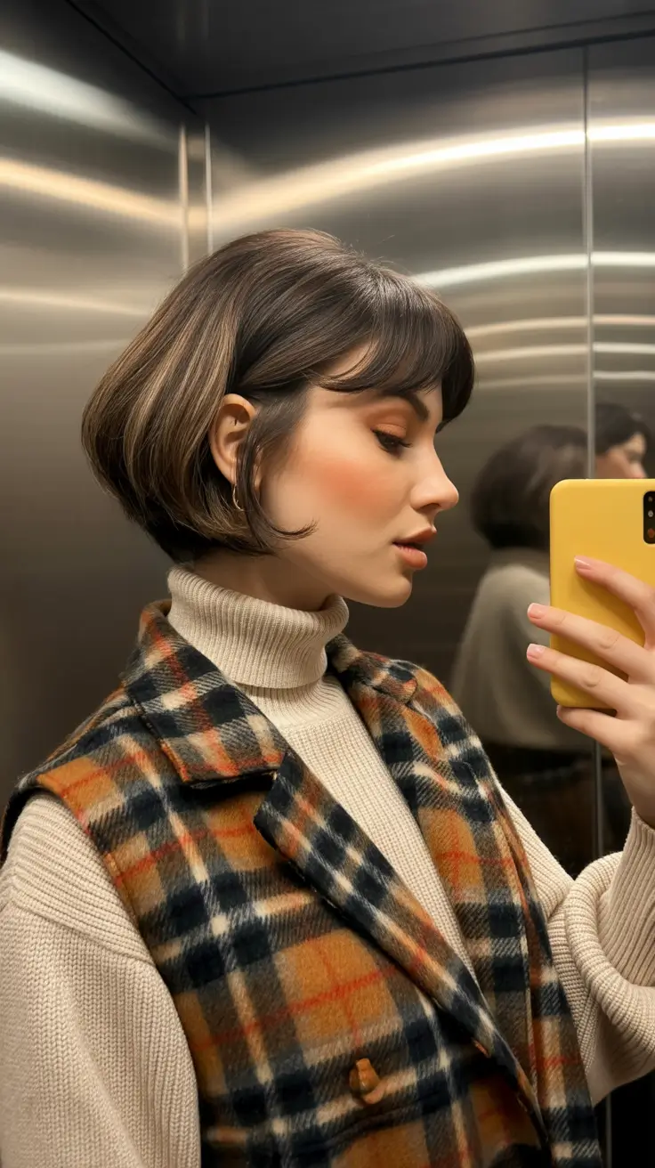 bob haircut 2026 Soft Caramel Bob with Curtain Bangs