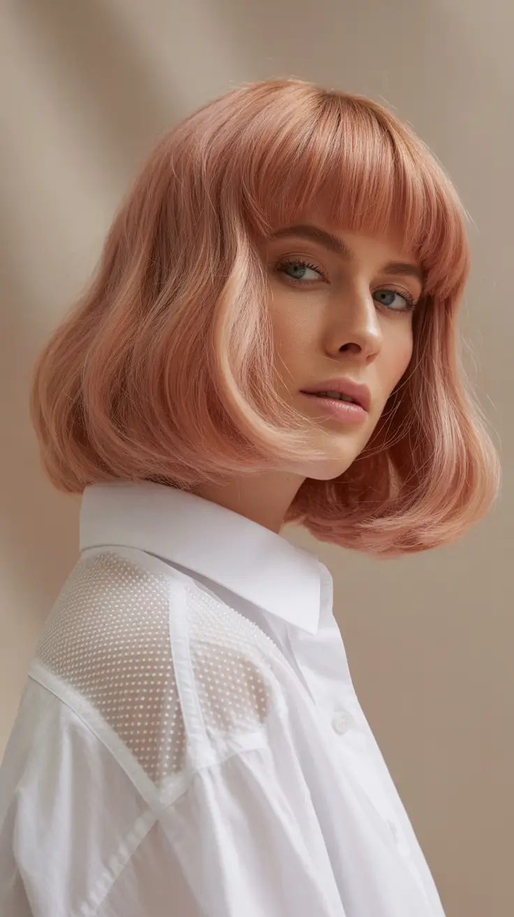 bob haircut 2026 Rose Blush Bob with French Bangs