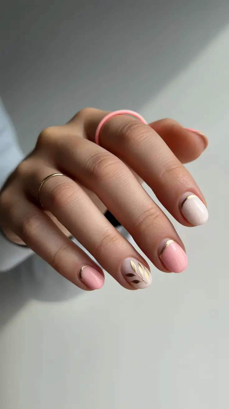 Classy nails aesthetic 2026 Short Pink Nails with Gold Leaf Detail