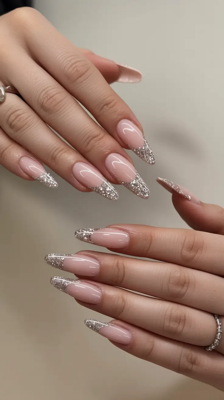 Classy Nails Aesthetic 2026 Soft Pink Almond Nails With Silver Glitter French Tips