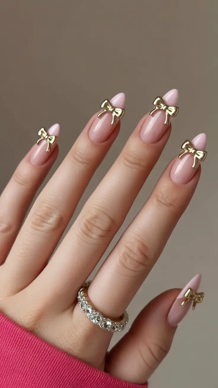 classy nails aesthetic 2026 Minimal Pink Nails With Gold Bow Accents