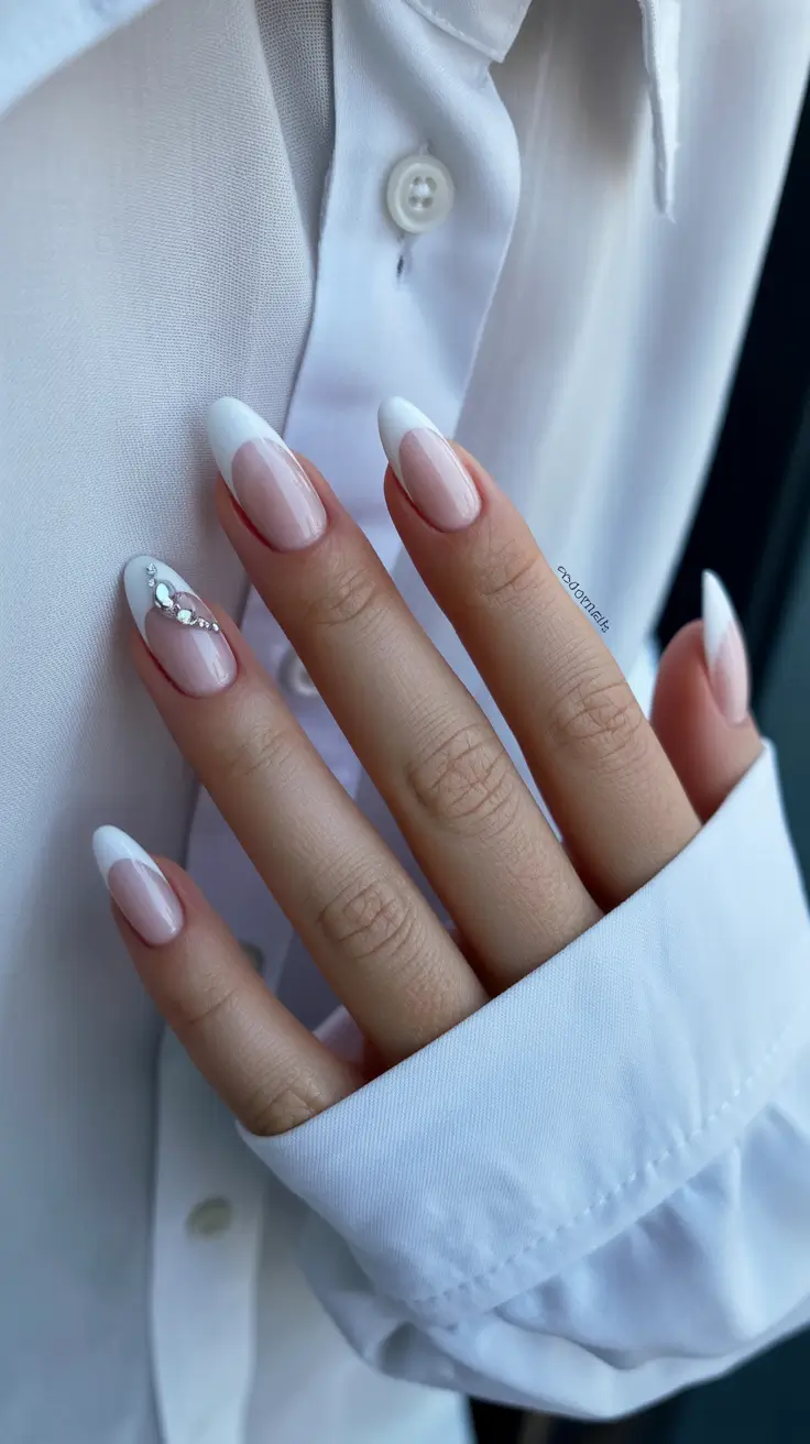classy nails aesthetic 2026 Clean French Almond With Crystal Accent