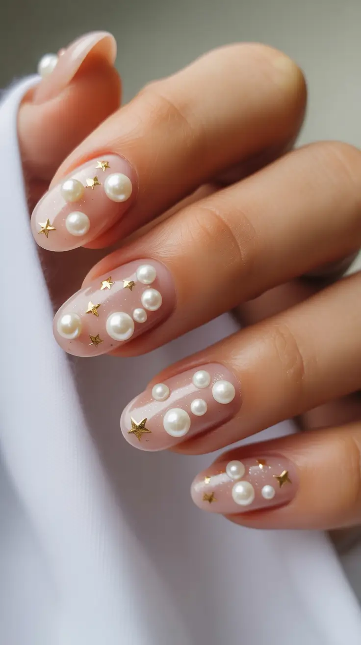 classy nails aesthetic 2026 Pearl Gold Star Nails