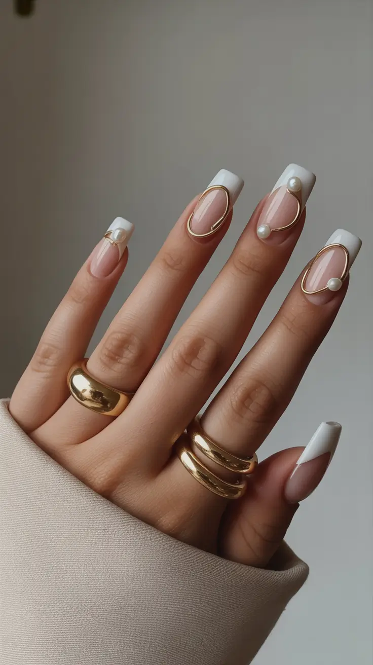 Classy Nails Aesthetic 2026 French Gold Pearl Design