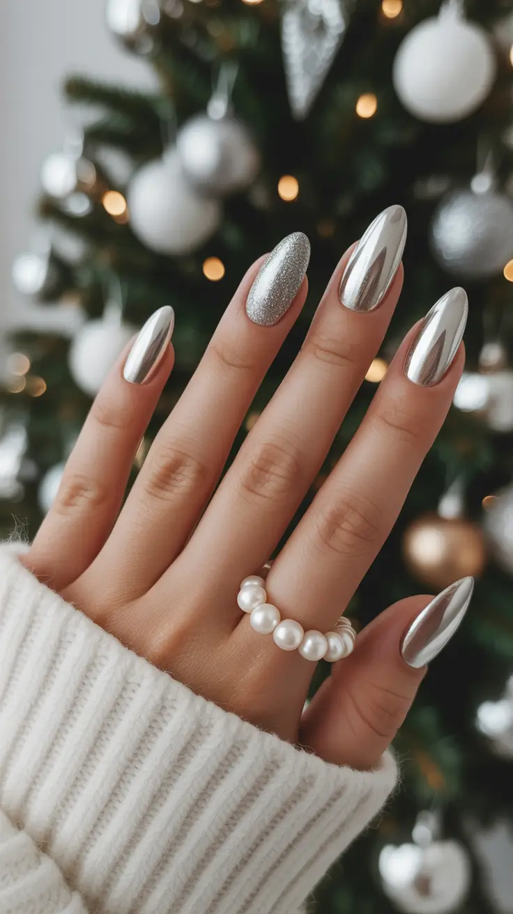 Classy nails aesthetic 2026 Silver Chrome Nails with Winter Glow