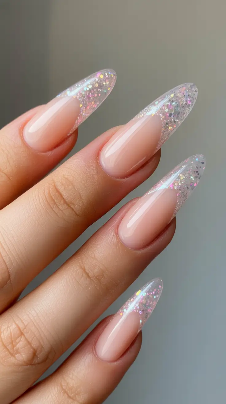 Classy Nails Aesthetic 2026 Clear Glitter Fade Almond Nails That Feel Like Glass