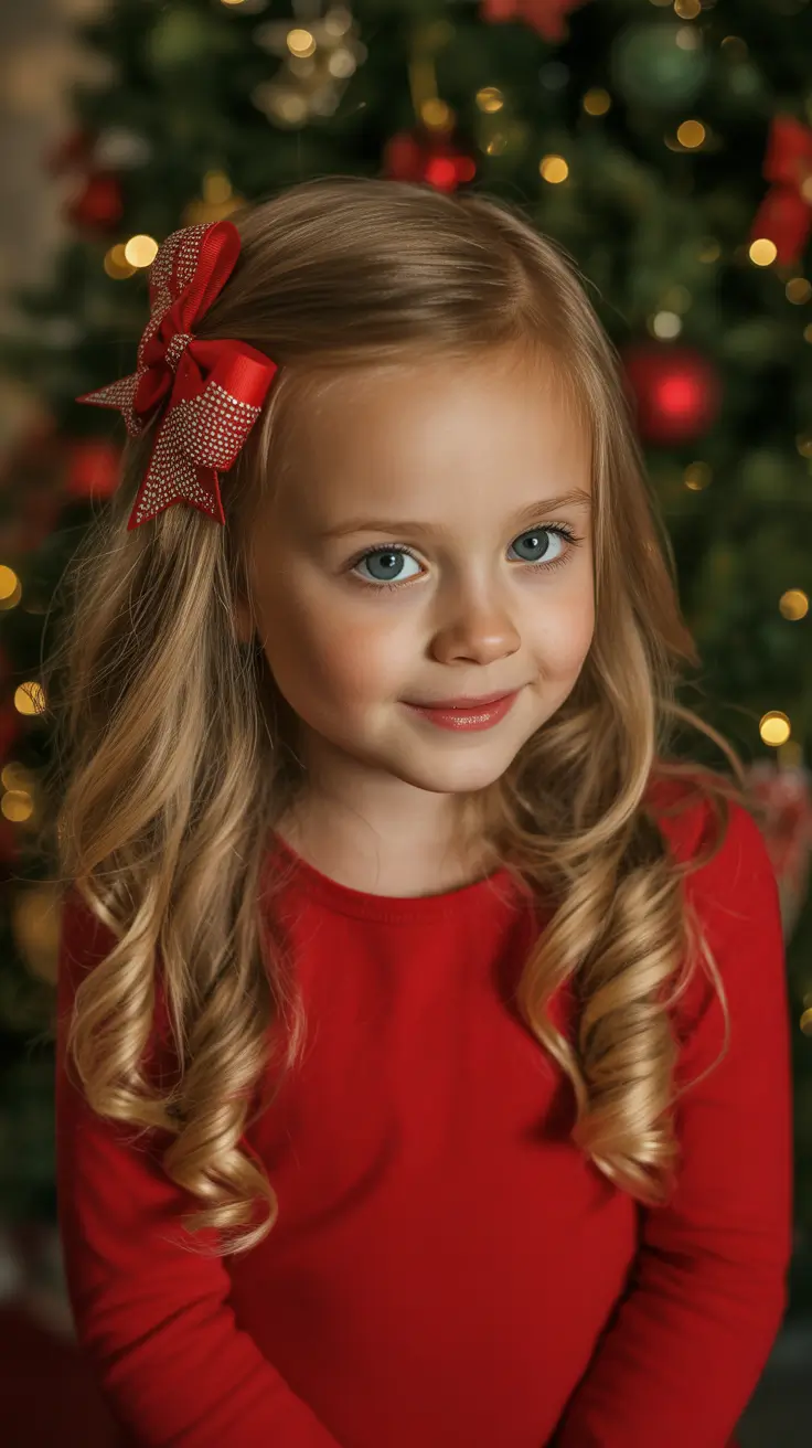 Cute Quick Hairstyles 2026 Holiday Curls with a Red Bow