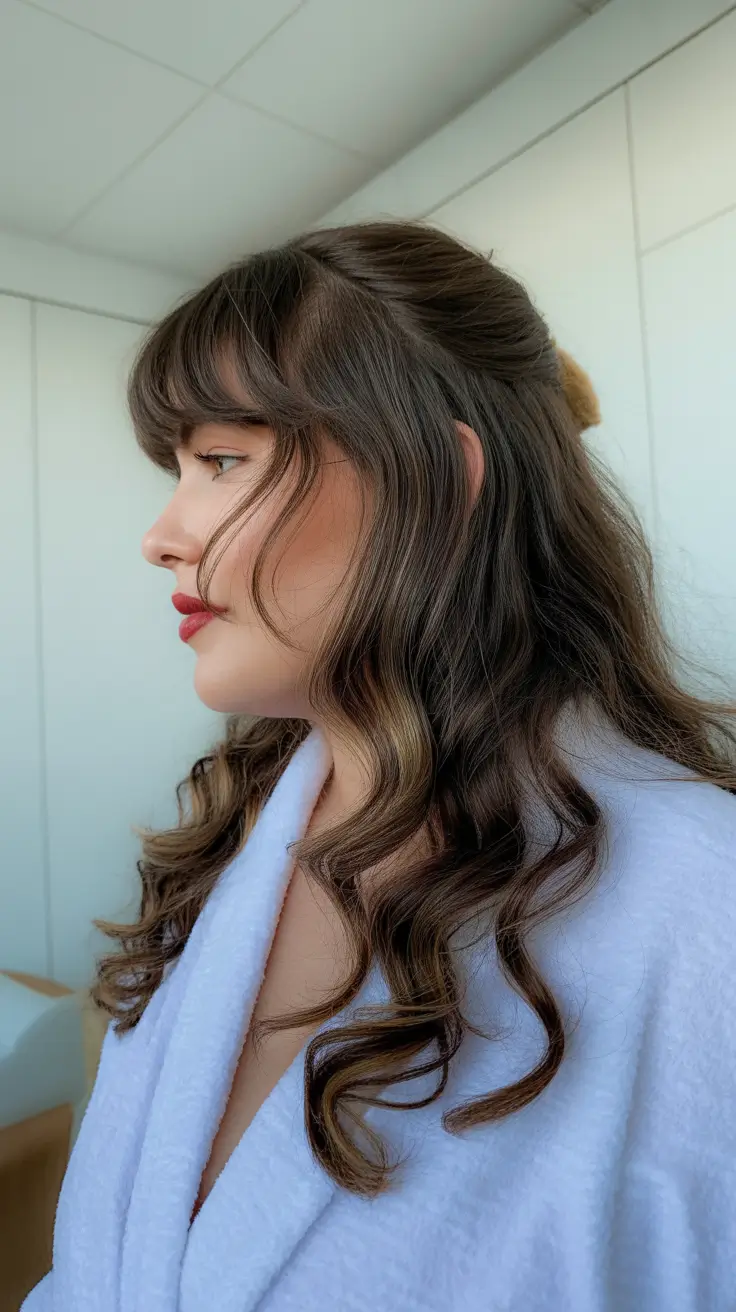 Cute Quick Hairstyles 2026 Soft Half-Up Waves with Bangs