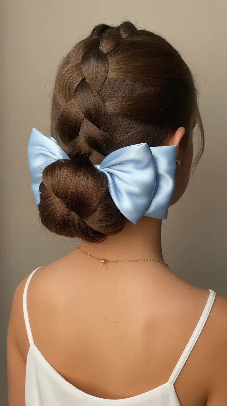 quick hairstyles 2026 Romantic Braided Low Bun With a Bow Accent