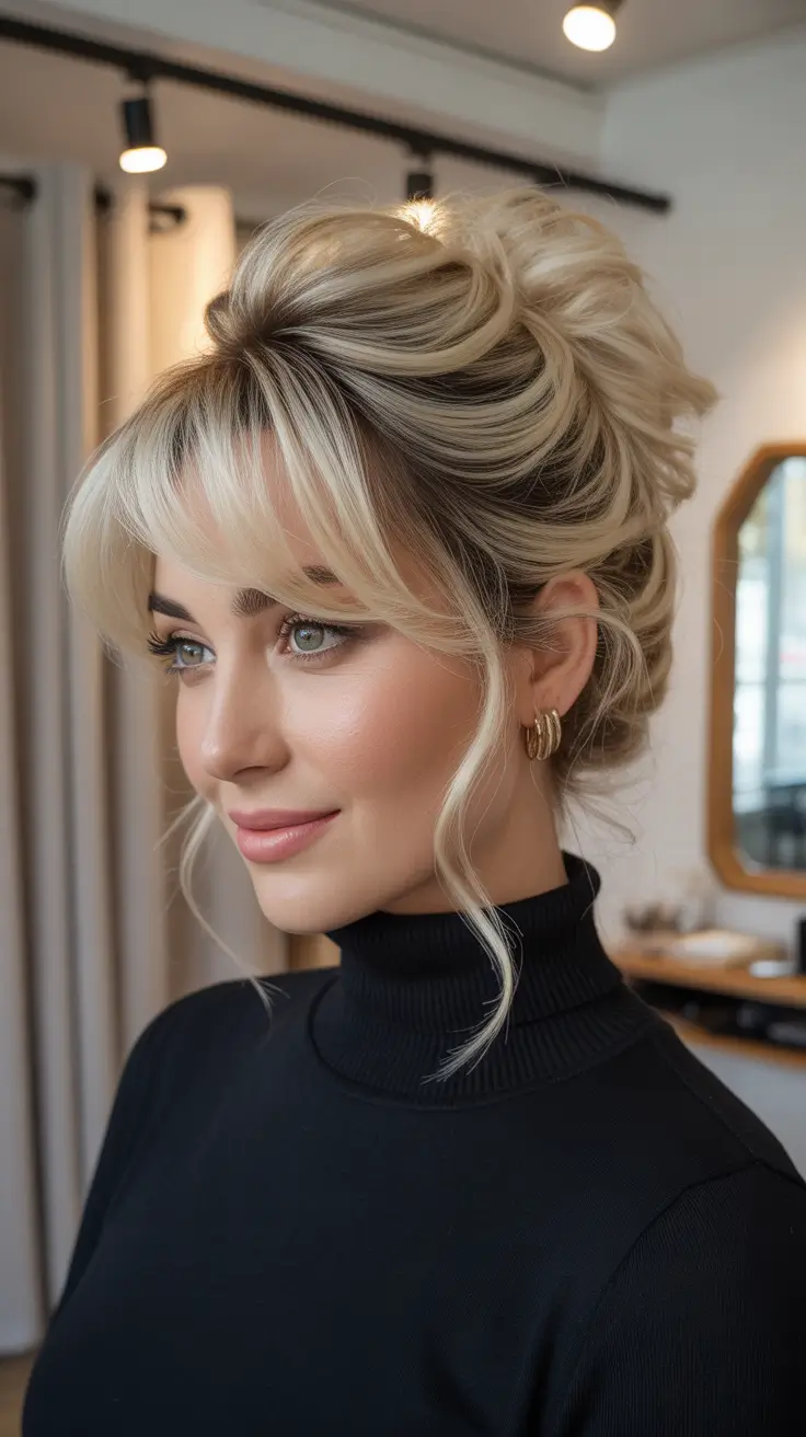 quick hairstyles 2026 Soft French-Inspired Updo with Curtain Bangs