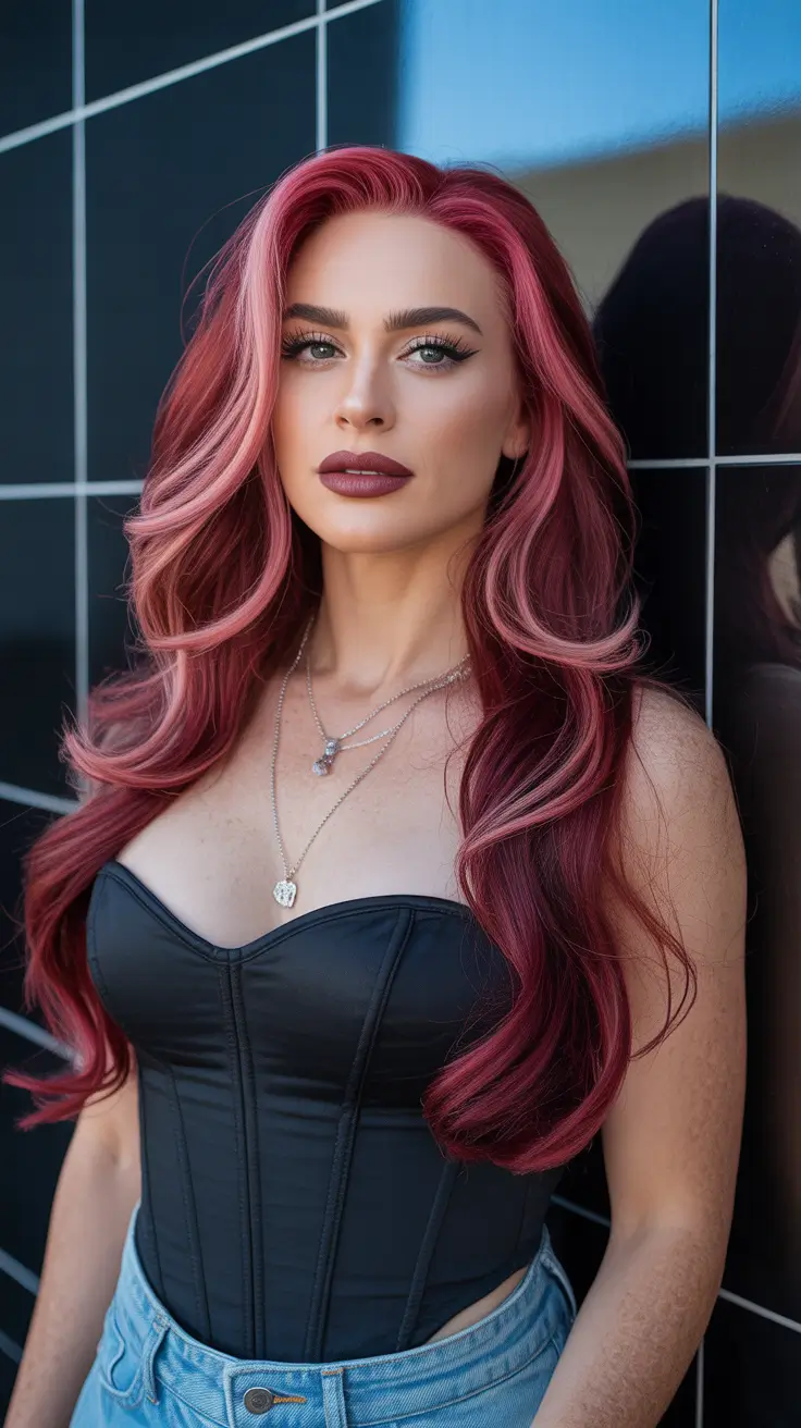 Haircut Ideas 2026 Berry Red Long Waves with Bold Shine