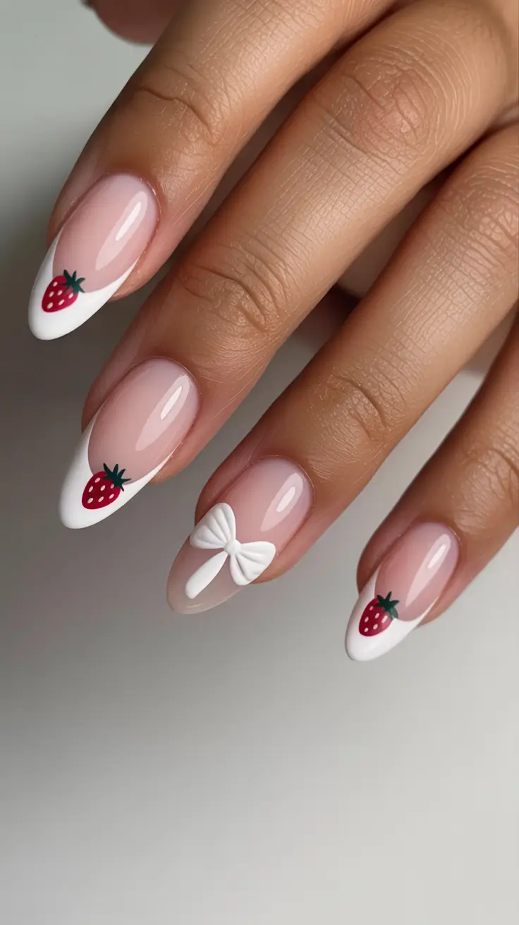 February Nails Designs 2026 Strawberry French Nails