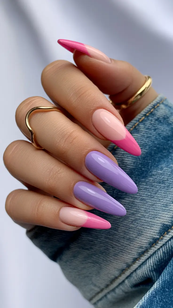 February Nails Designs 2026 Pink And Lavender Color Block Almond Nails