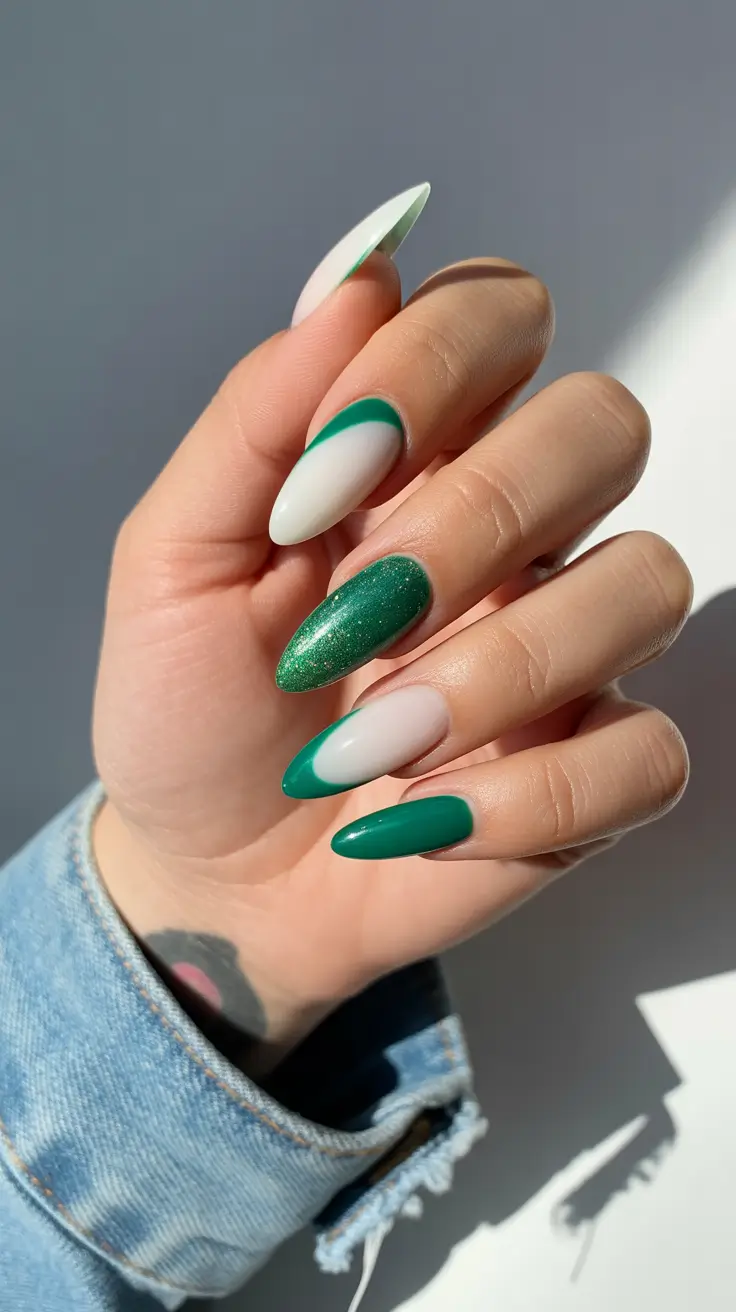 February Nails Designs 2026 Emerald Green Almond Nails With Two Tone French Tips
