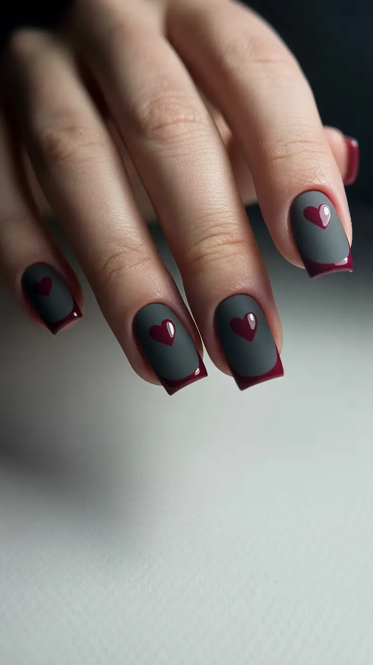 February Nails Designs 2026 Matte Charcoal Nails With Glossy Burgundy Hearts