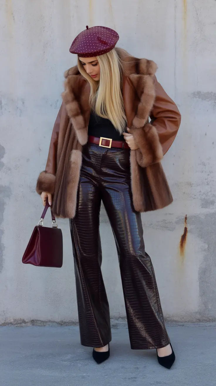outfits ideas 2026 Faux Fur and Leather for Burgundy Drama
