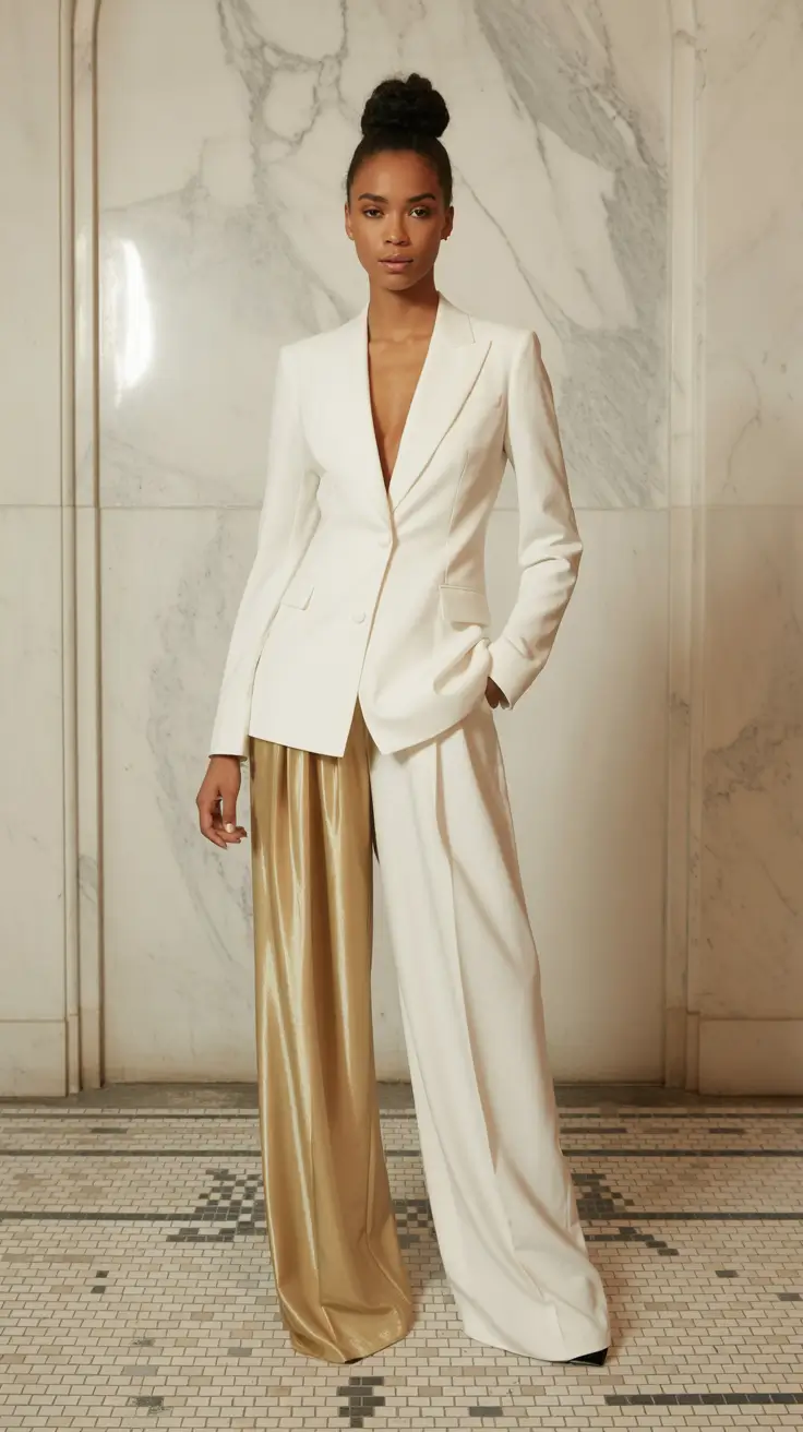 outfits ideas 2026 White Blazer with Liquid Gold Wide Leg Pants