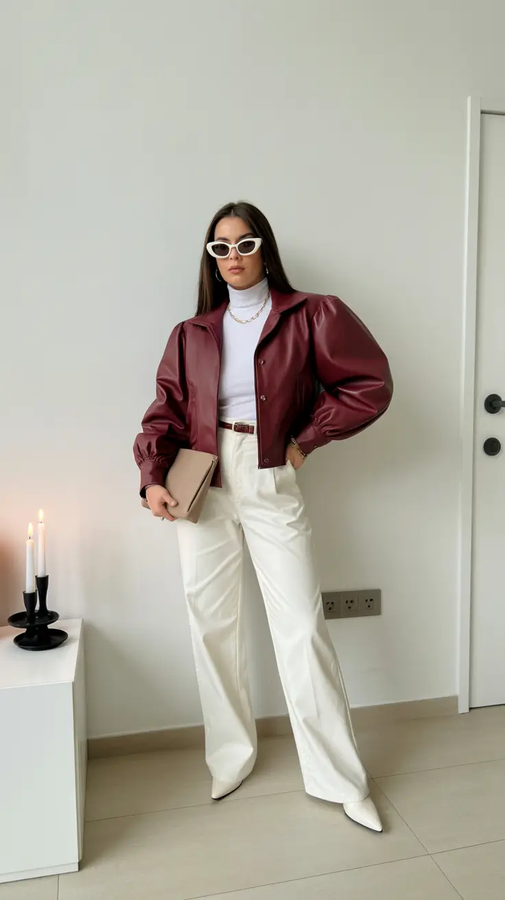 outfits ideas 2026 Soft Burgundy Leather with Clean Winter Whites