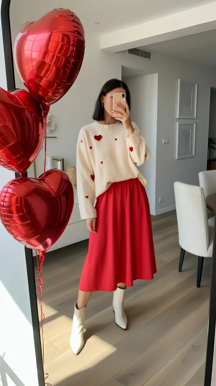 outfits ideas 2026 Valentine Ready Knits with a Red Midi Skirt