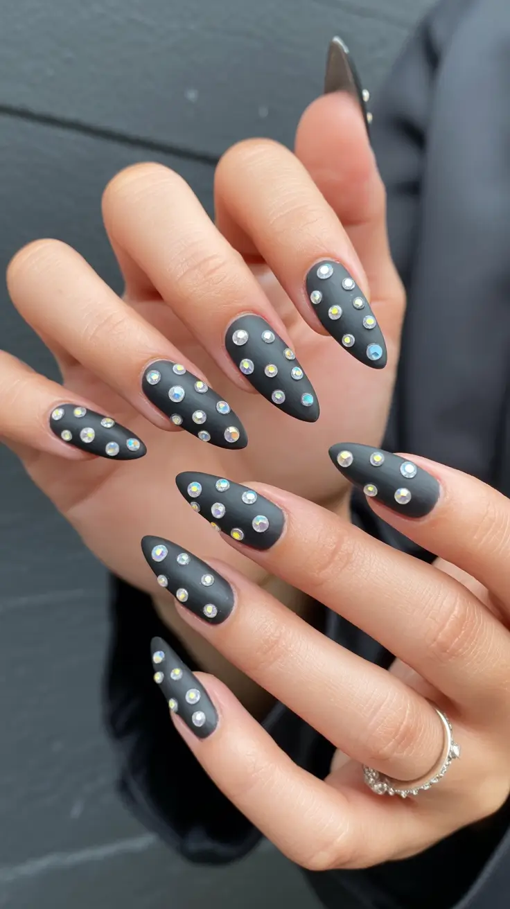 holiday nails 2026 Matte Black Studded Night Out