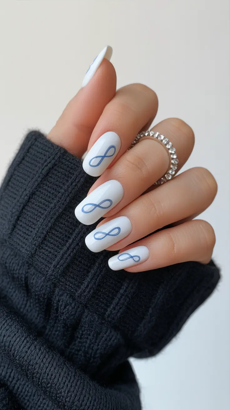 holiday nails 2026 Minimal White Nails with Blue Infinity Art