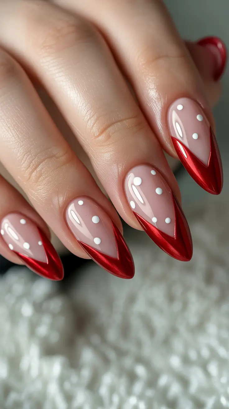 holiday nails 2026 Red Chrome French Tips with Snow Dot Accents