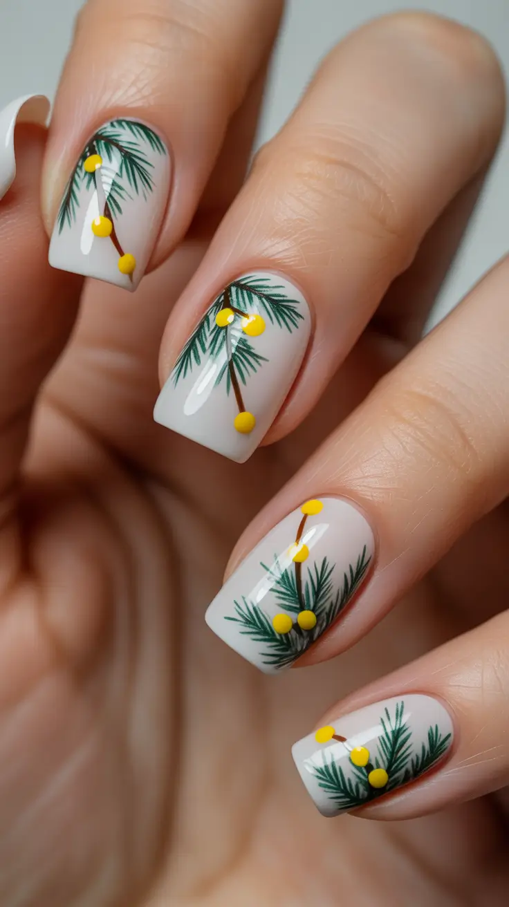 Holiday Nails Inspiration 2026 Minimal Evergreen Branch Tips On Short Square Nails