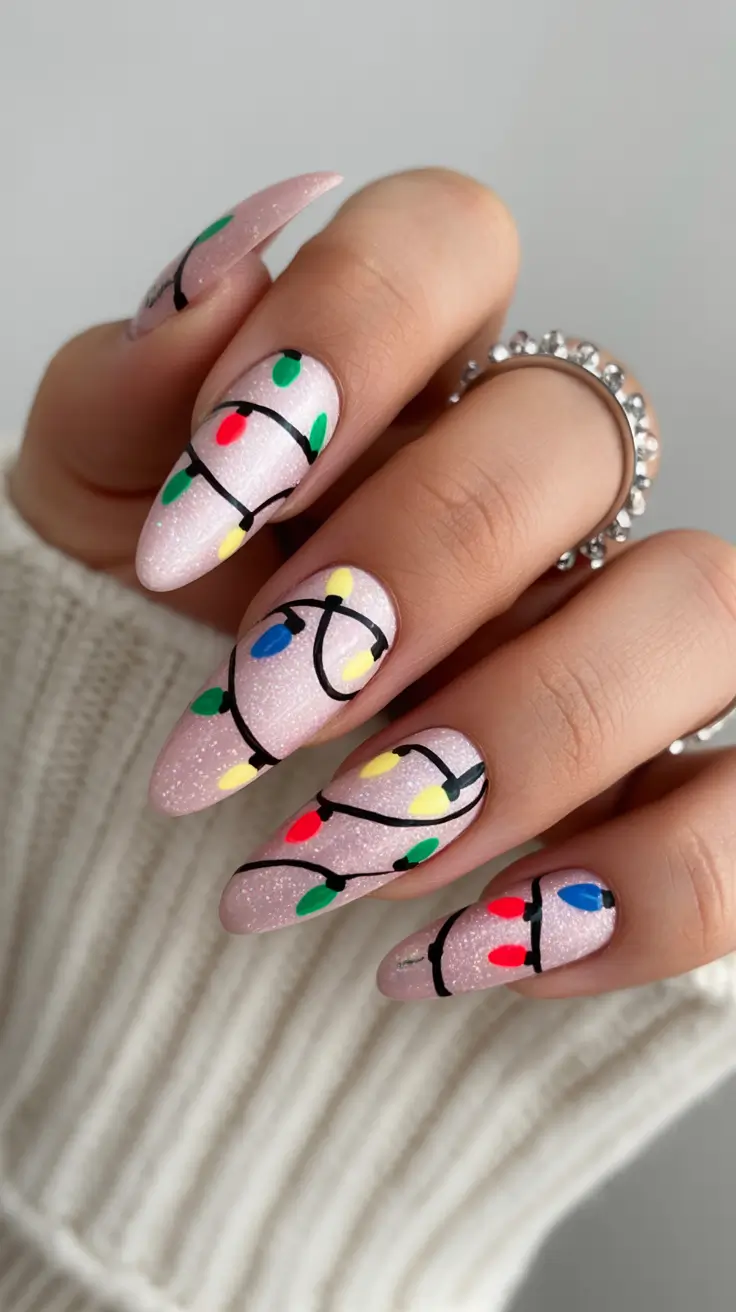 Holiday Nails Inspiration 2026 Glitter Light String Nails