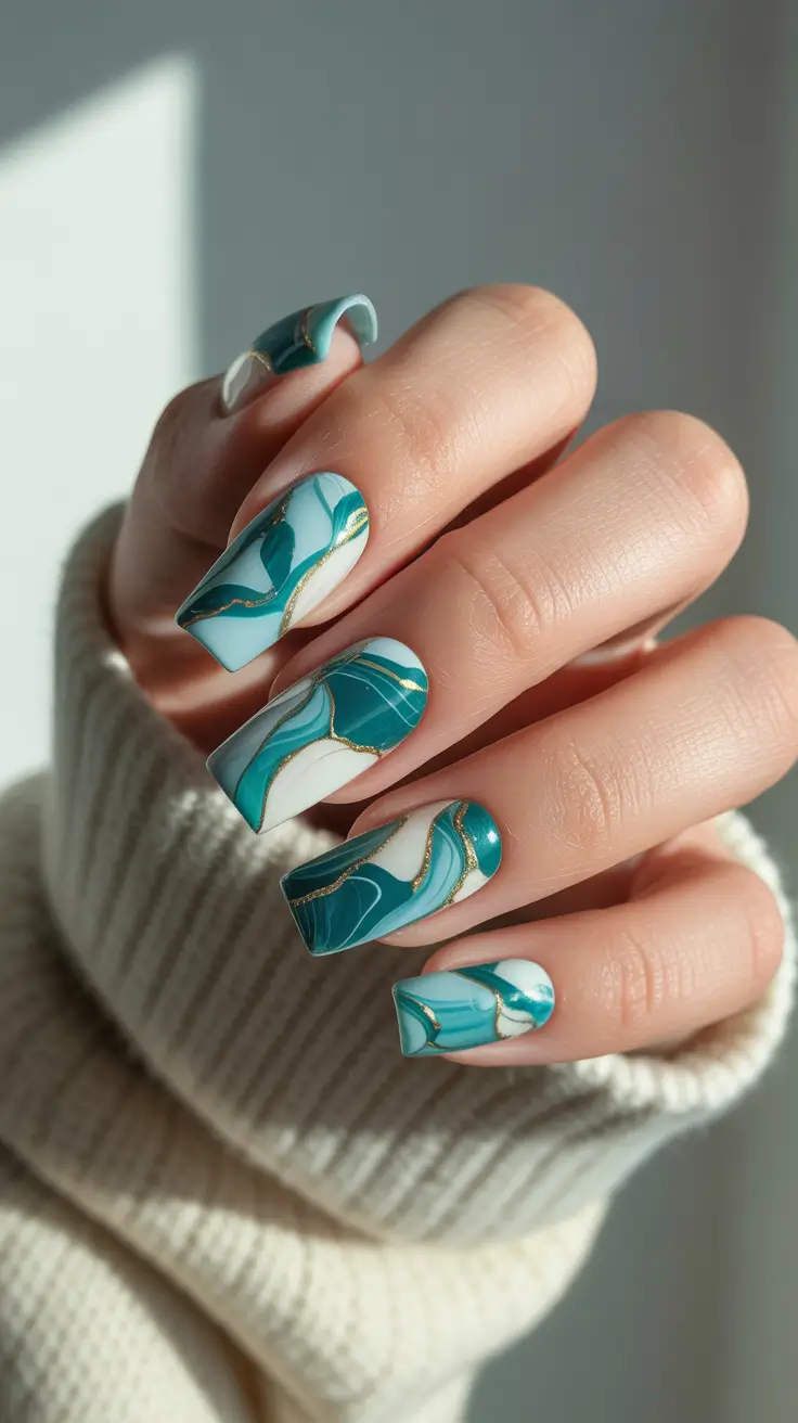 nail colors 2026 Teal Marble Gel with Gold Veins