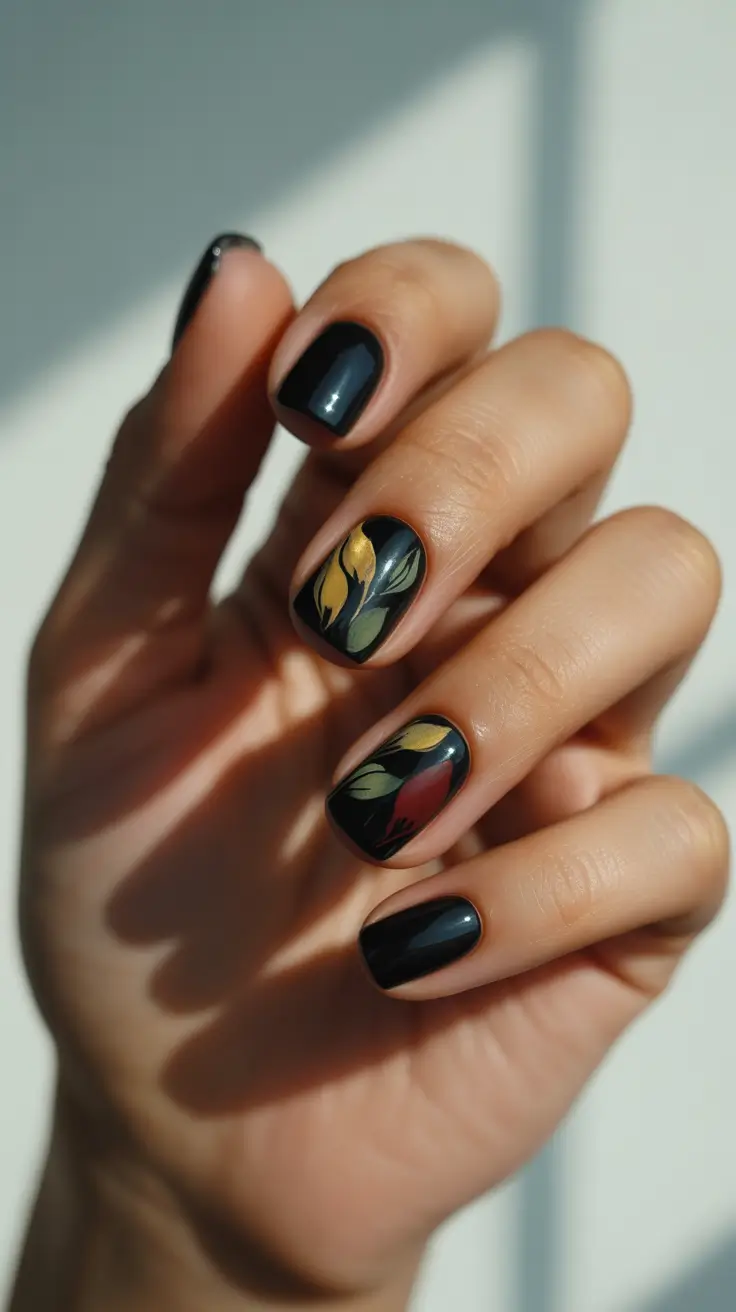 New Short Acrylic Nails 2026 Black Botanical Art