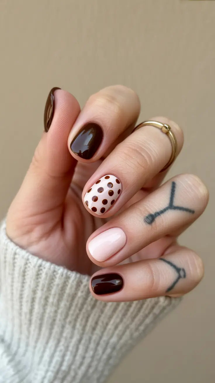 New Short Acrylic Nails 2026 Brown Polka Design