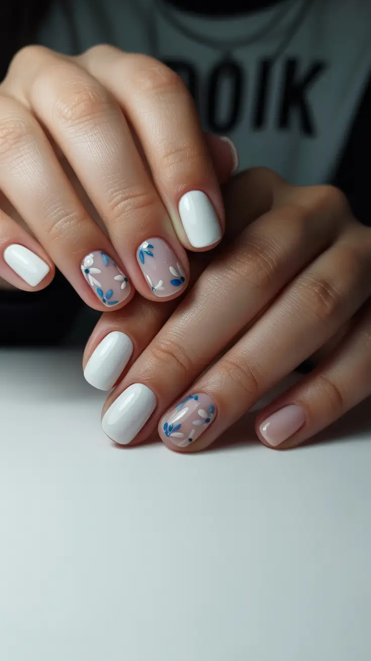 New Short Acrylic Nails 2026 White Floral Design