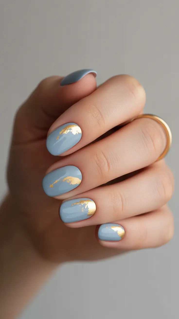 New Short Acrylic Nails 2026 Blue Gold Foil