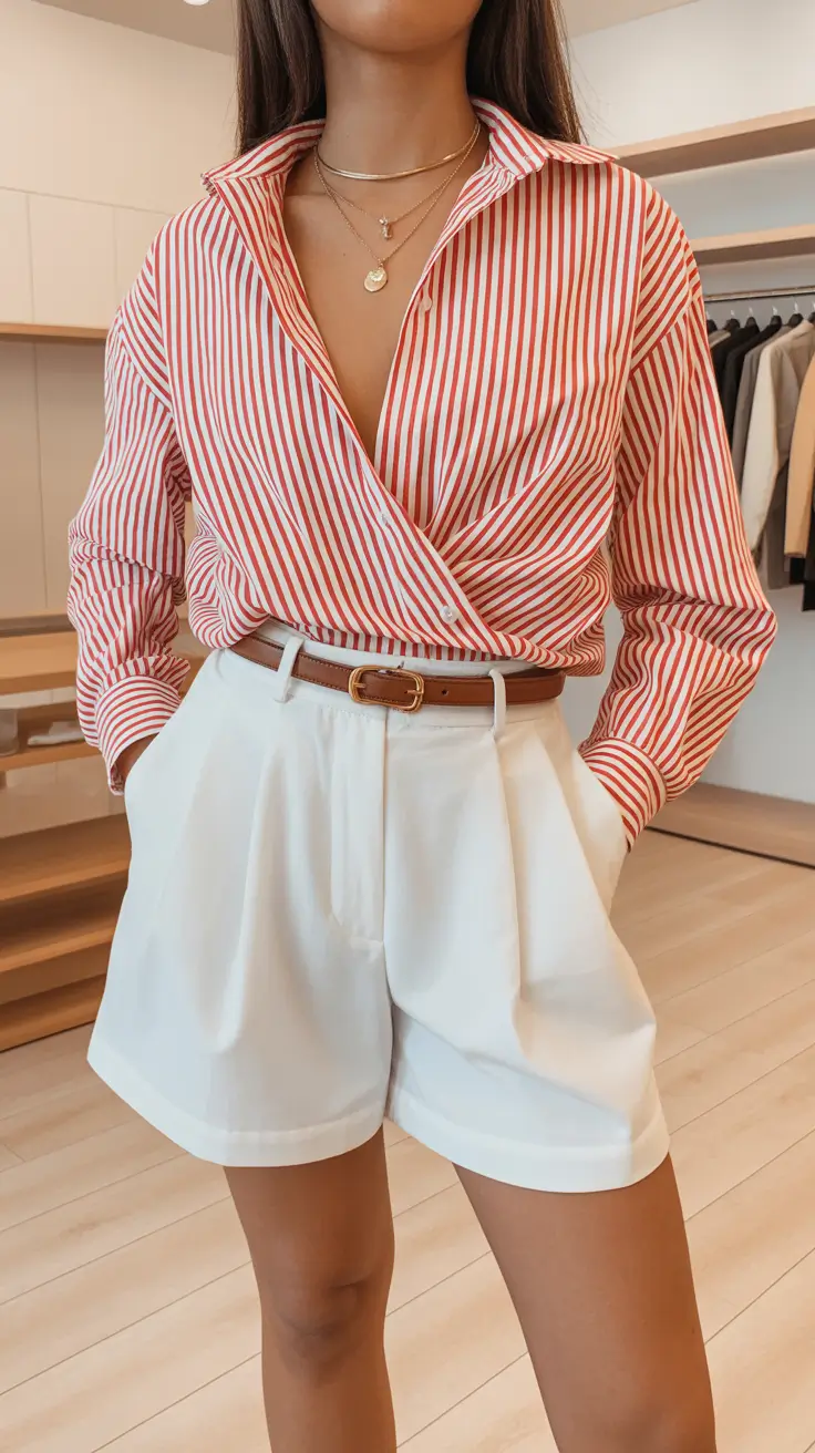 old money outfits 2026 Red Stripes, White Shorts, and Riviera Spirit