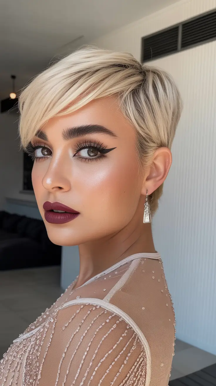 pixie hairstyles 2026 Glam Platinum Pixie with Side-Swept Layers