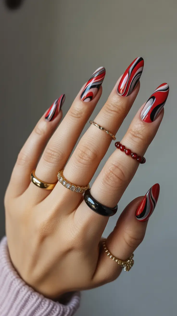 Almond Nails Fresh Ideas 2026 Red Black Abstract