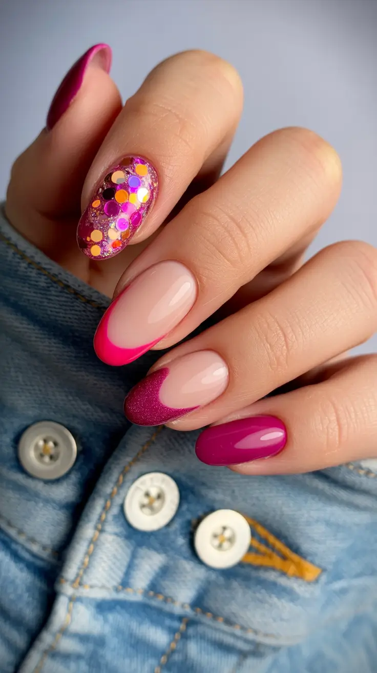 Best Gel Nails 2026 Hot Pink French Gel Nails With Confetti Glitter