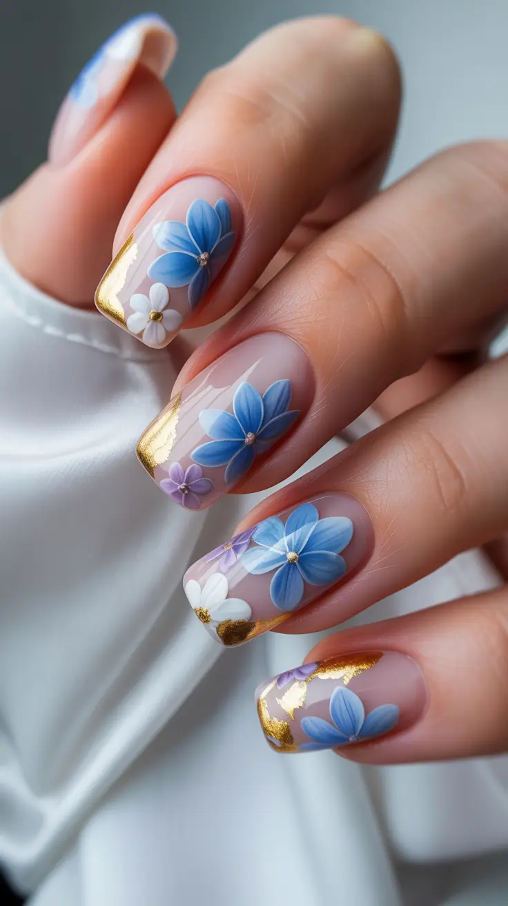 Best Gel Nails 2026 Blue Floral Gel Art