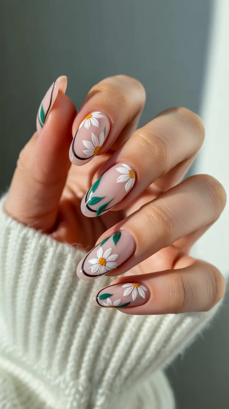 Best Gel Nails 2026 Daisy French Gel Nails With Botanical Lines