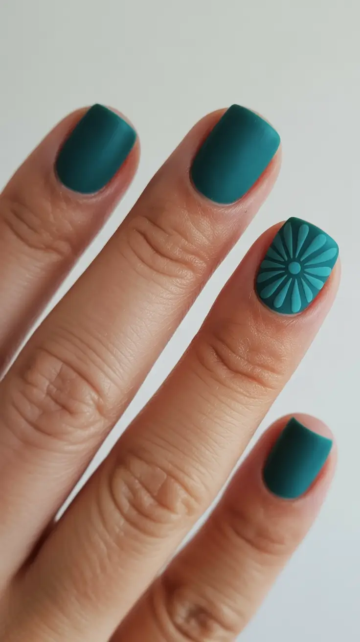 Best Nail Designs 2026 Matte Green With Subtle Floral Geometry