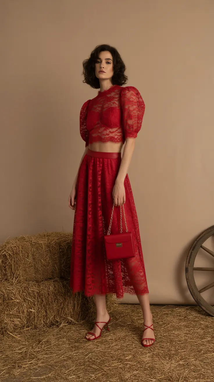 wedding guest outfits 2026 Romantic Lace in Country Red