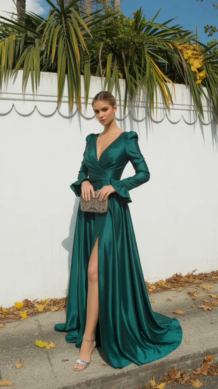 wedding guest outfits 2026 Emerald Sunset Sophistication
