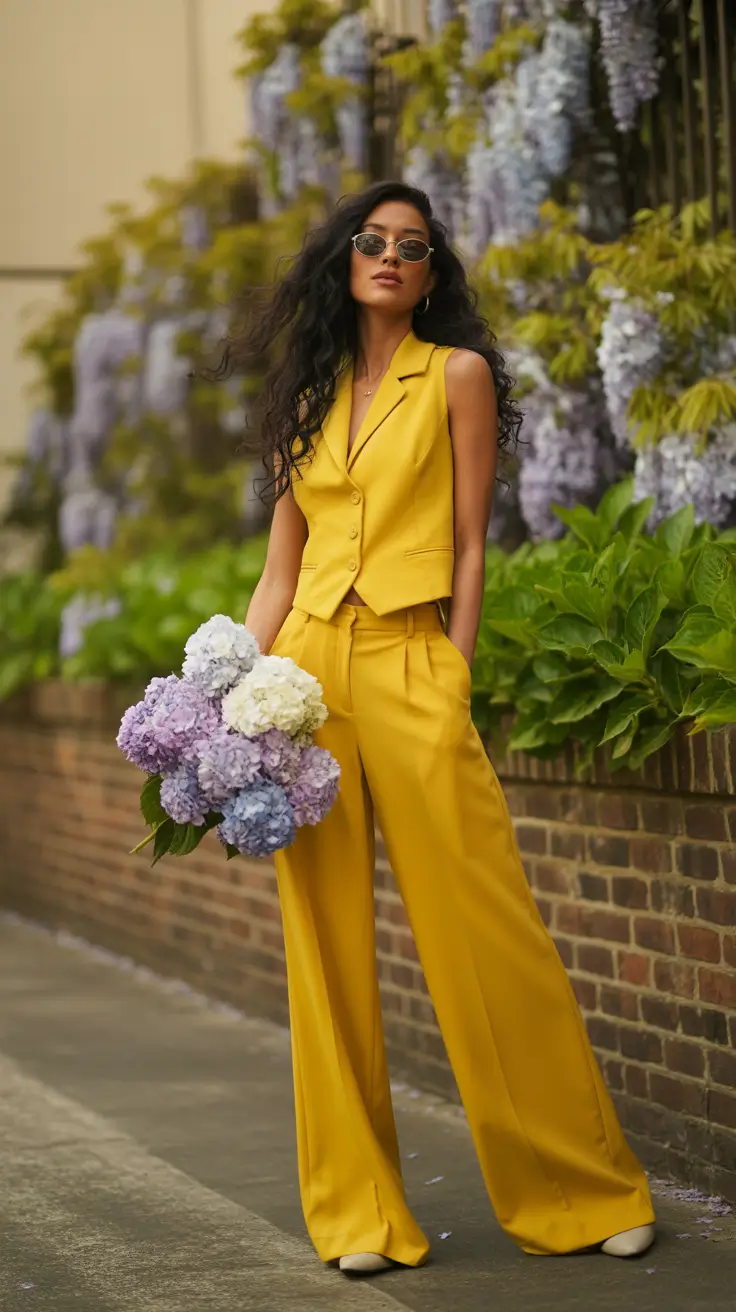 wedding guest outfits 2026 Golden Power Suit