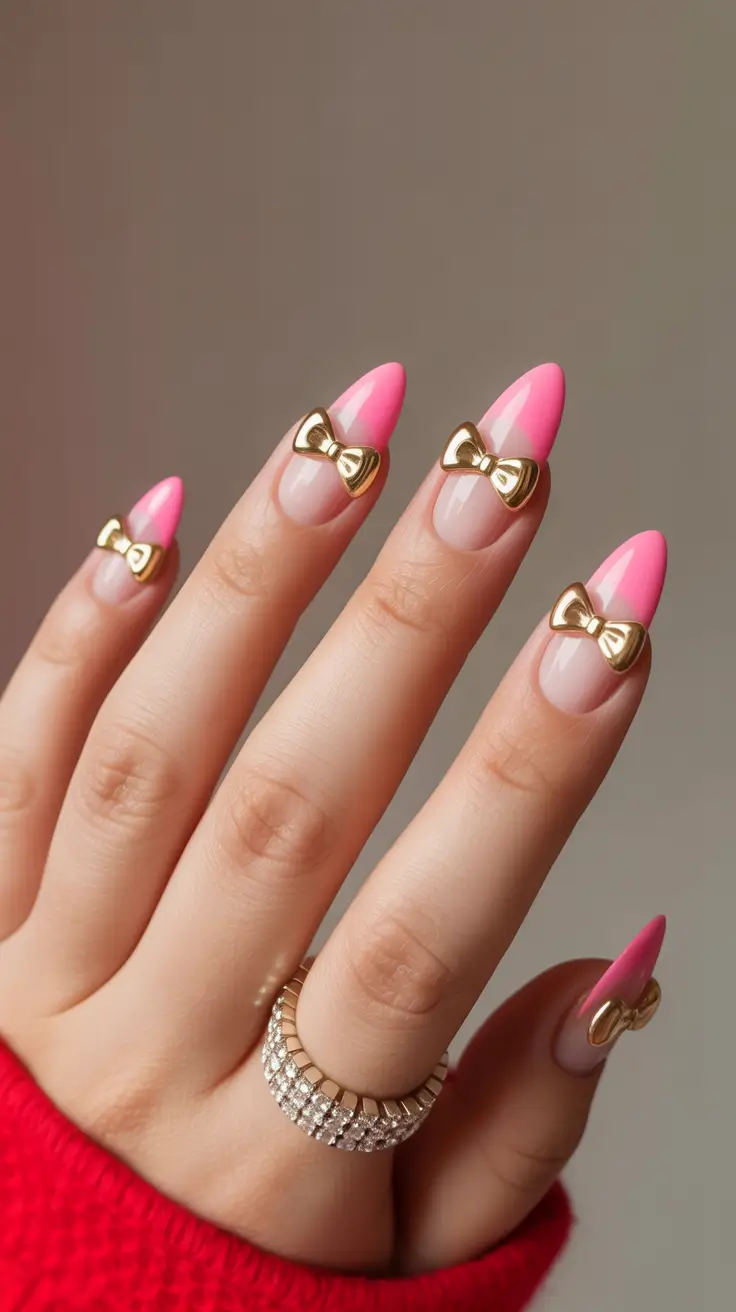 Birthday Nail Designs 2026 Pink Ombre Gold Bow