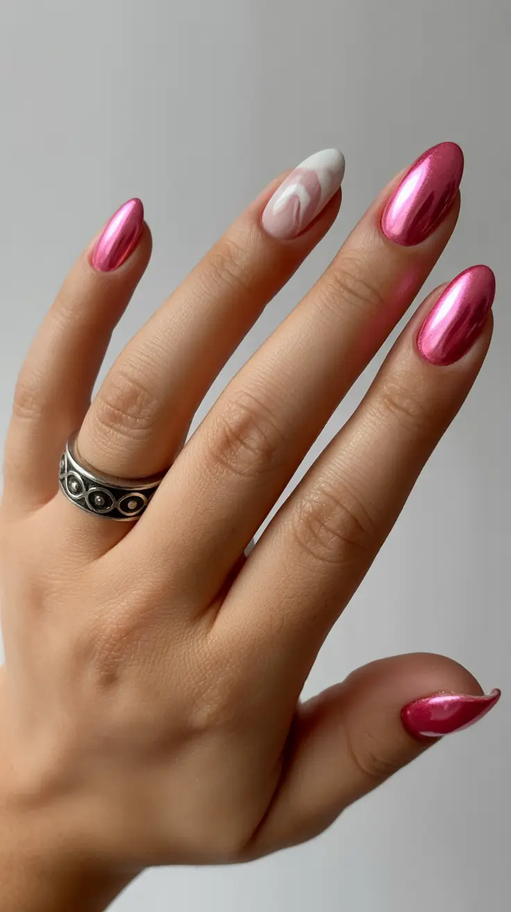 Birthday Nail Designs 2026 Pink Chrome Almond