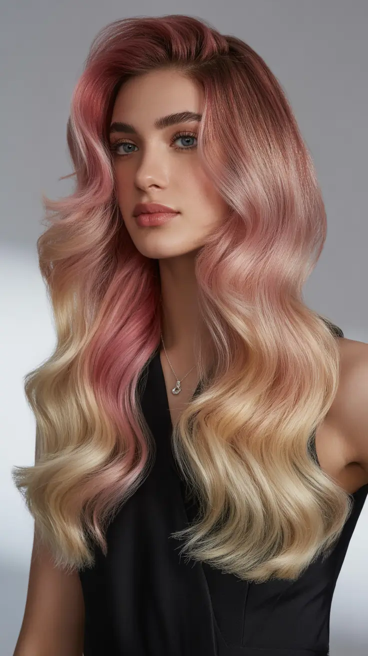 blonde hair color 2026 Soft Waves in Blush Champagne