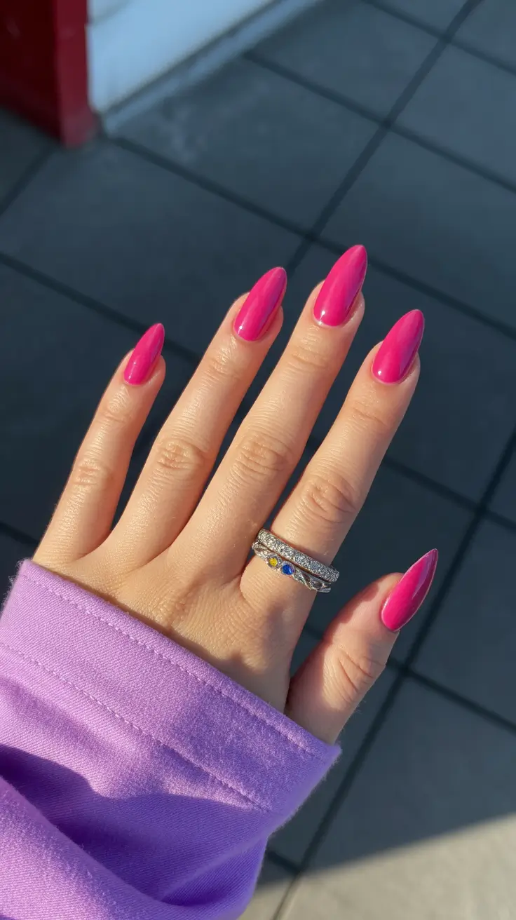 Bright Pink Nails 2026 Glossy Bright Pink Almond Nails in Full Color